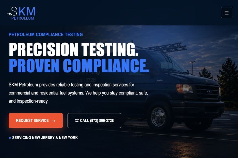 SKM Petroleum website homepage featuring petroleum compliance testing