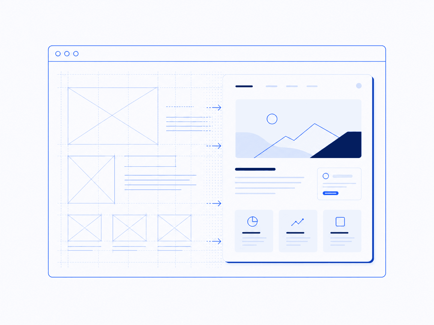 Blue line illustration showing a website progressing from wireframe structure to a finished digital experience